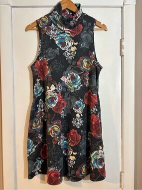 First Love mock neck dark floral mini dress